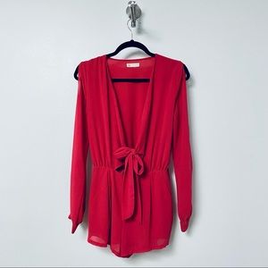 Cotton Candy Sexy Holiday NYE Chic Knot Tie Front‎ Plunge Neck Romper Hot Pink